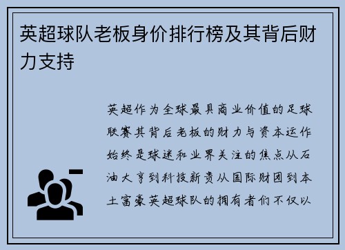 英超球队老板身价排行榜及其背后财力支持