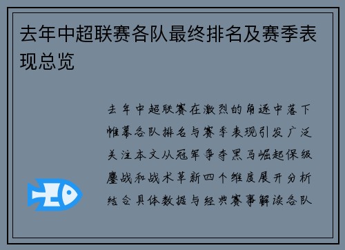 去年中超联赛各队最终排名及赛季表现总览